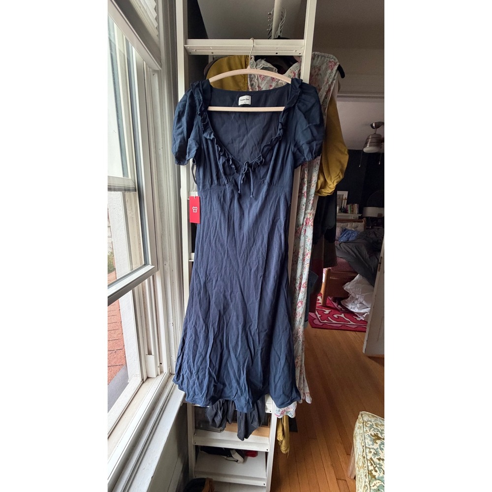 Aritzia Sunday Best Letti Dress Medium Navy Blue Ruffle Tie Front Midi Aritzia